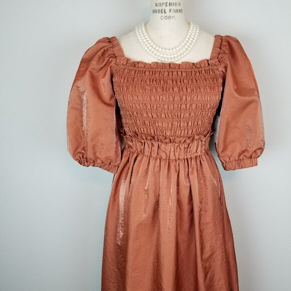 Moon River Copper A Line Midi Dress Smocked Bodice Puff Sleeves Medium NEWw/Tags - Picture 2 of 10